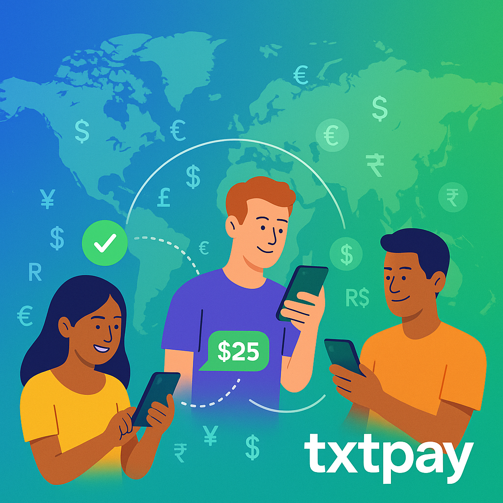 txtpay global money transfers illustration showing diverse people using their phones